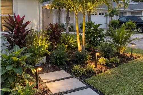 Finished low-maintenance tropical landscape with pathway lighting