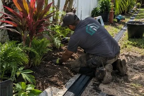 Hollywood Outdoor landscaper installing tropical plants and drainage